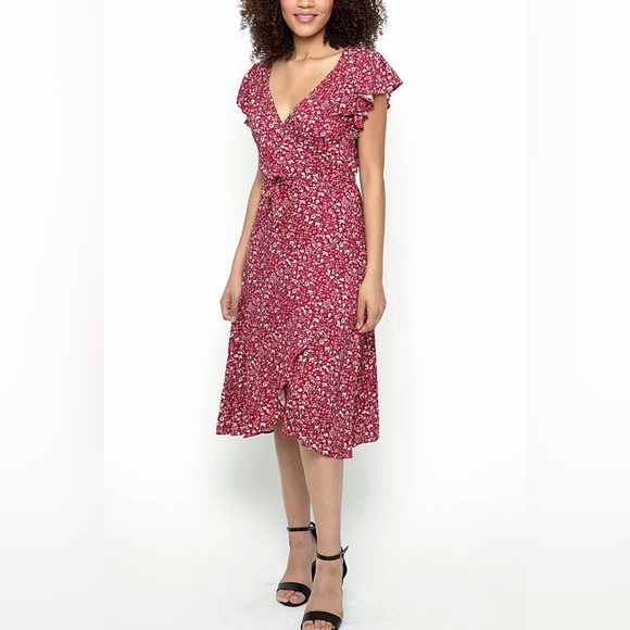 Red Scattered Floral Rayon Blend Short Sleeve Wrap Dress, Medium - Picture 5 of 5